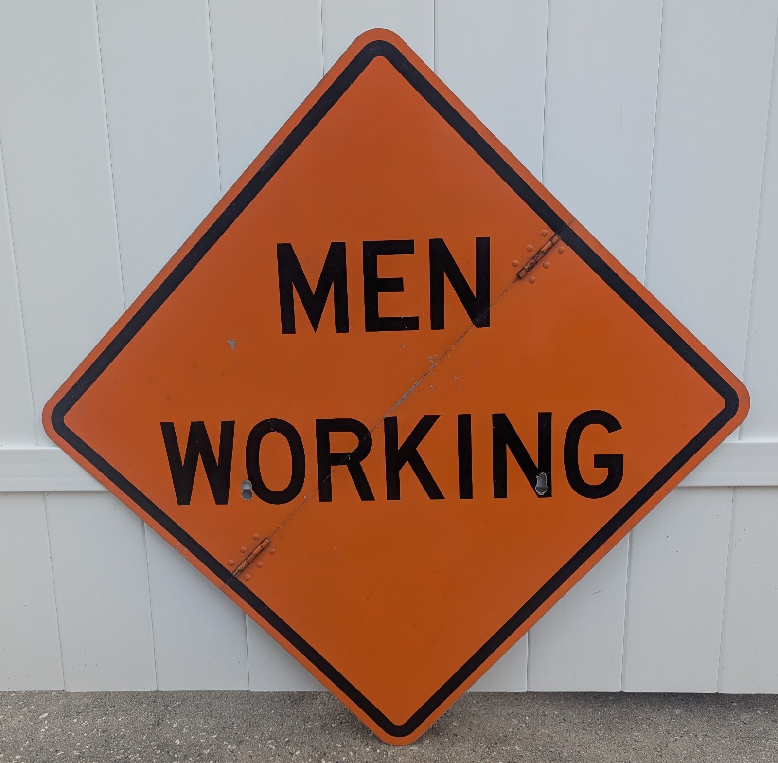 Vtg Folding Men Working Aluminum Highway Warning Construction Sign Orange Road