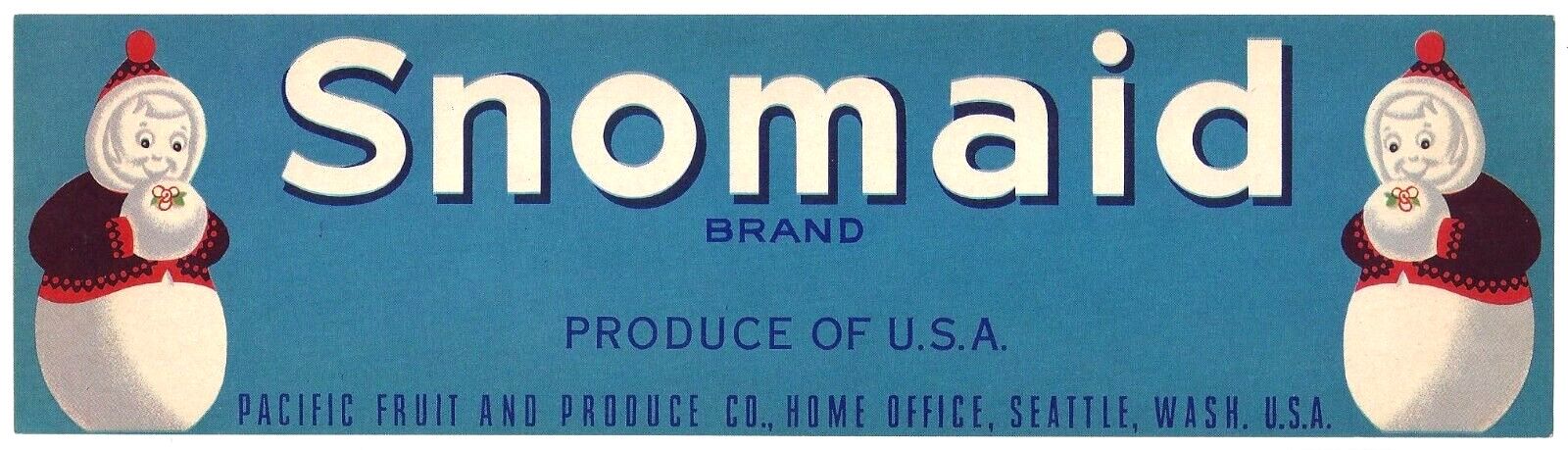 Original SNOMAID cherry crate label Pacific Fruit & Produce Co. Seattle WA girls