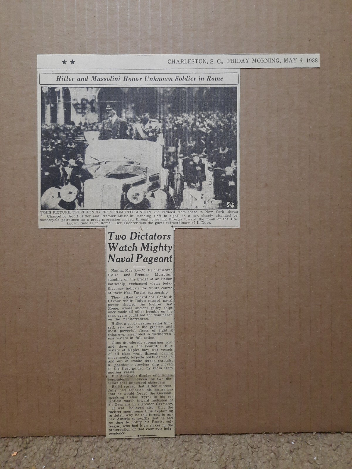 1938 Hitler & Mussolini Honor Unknown Soldier In Rome Newspaper Article
