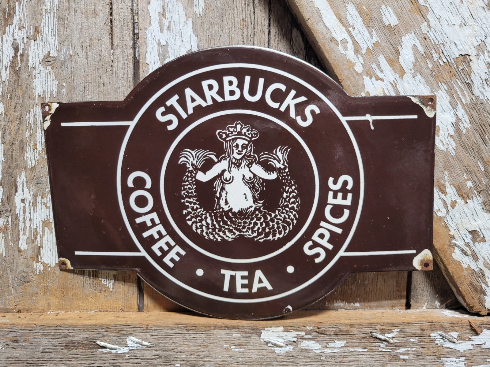 VINTAGE ORIGINAL STARBUCKS LOGO PORCELAIN SIGN OLD COFFEE TEA SPICES SEATTLE WA