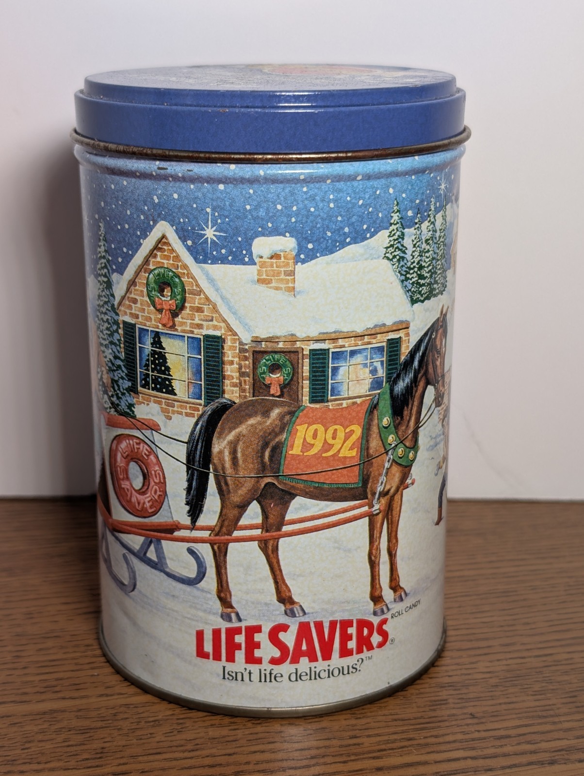 Vintage 1992 collectable Lifesavers Candy Christmas Tin. Blue, red, white, green