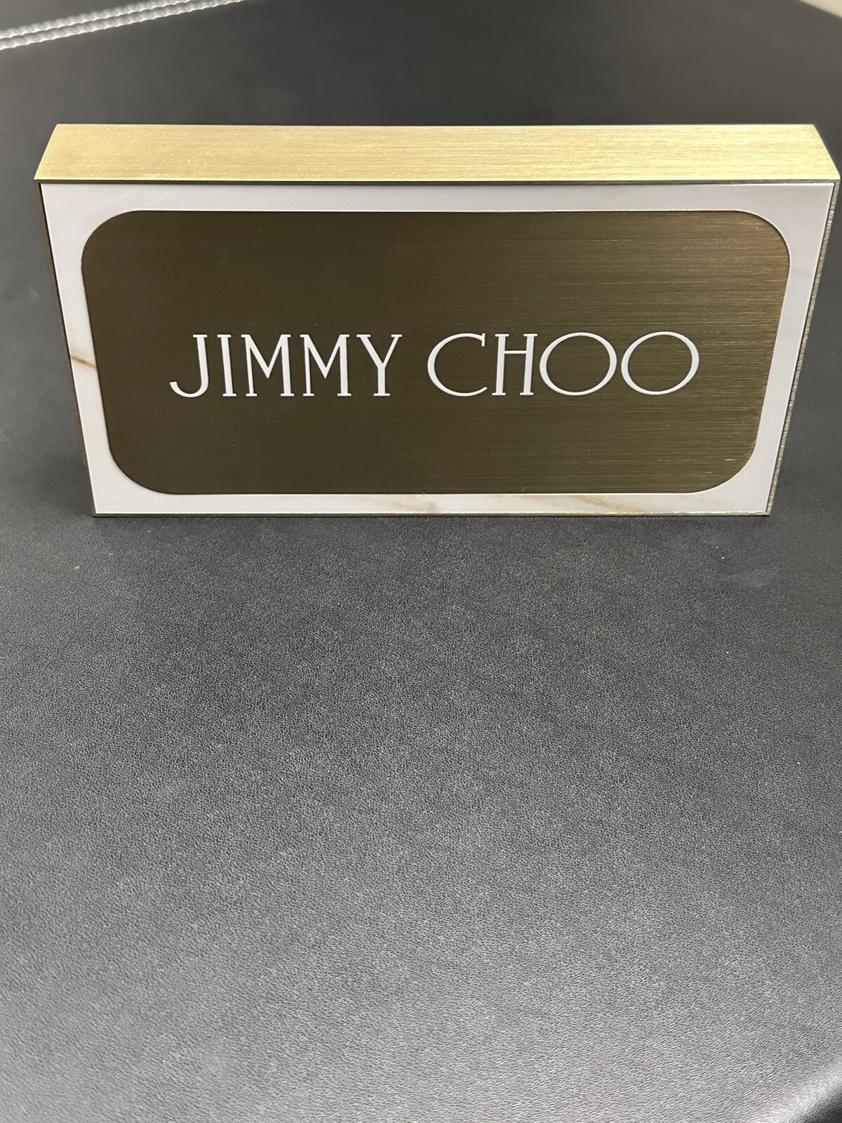 JIMMY CHOO Advertising Display Block Sign Goldtone Metal Faux Marble