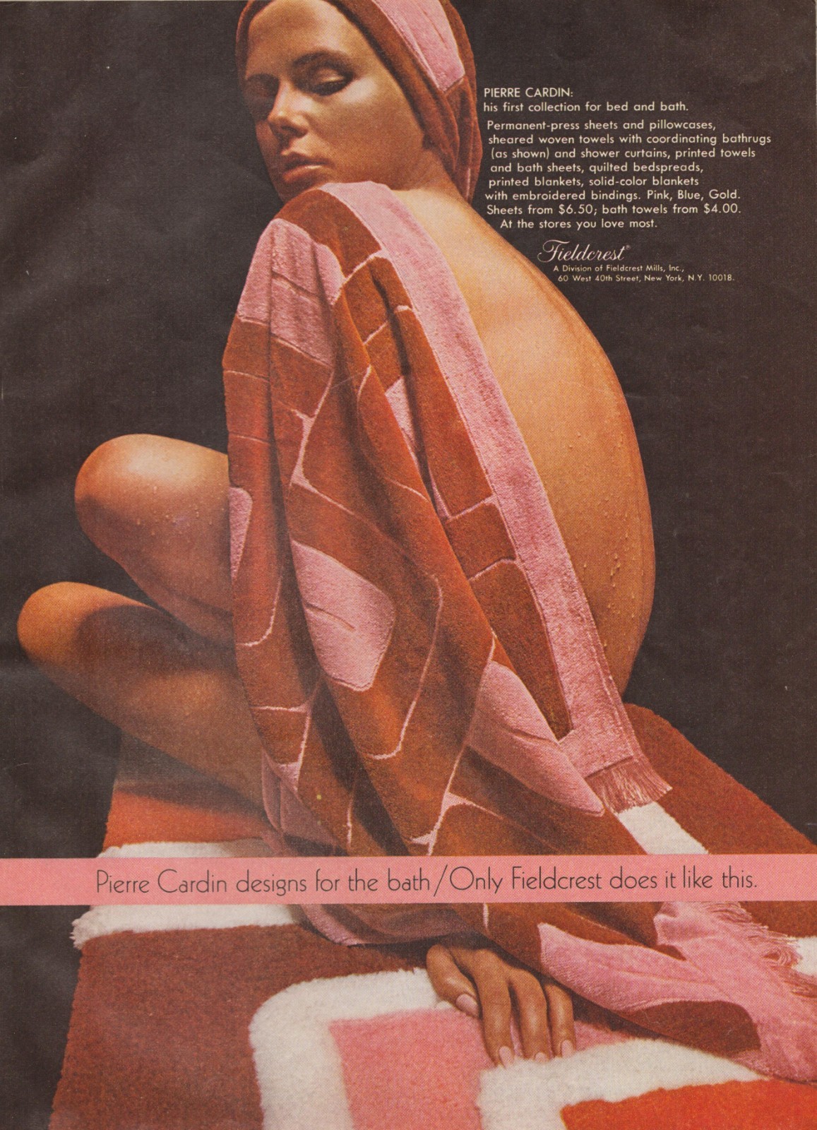 Pierre Cardin Bed Bath Fieldcrest Mid Century Modern Vintage Print Ad 1970
