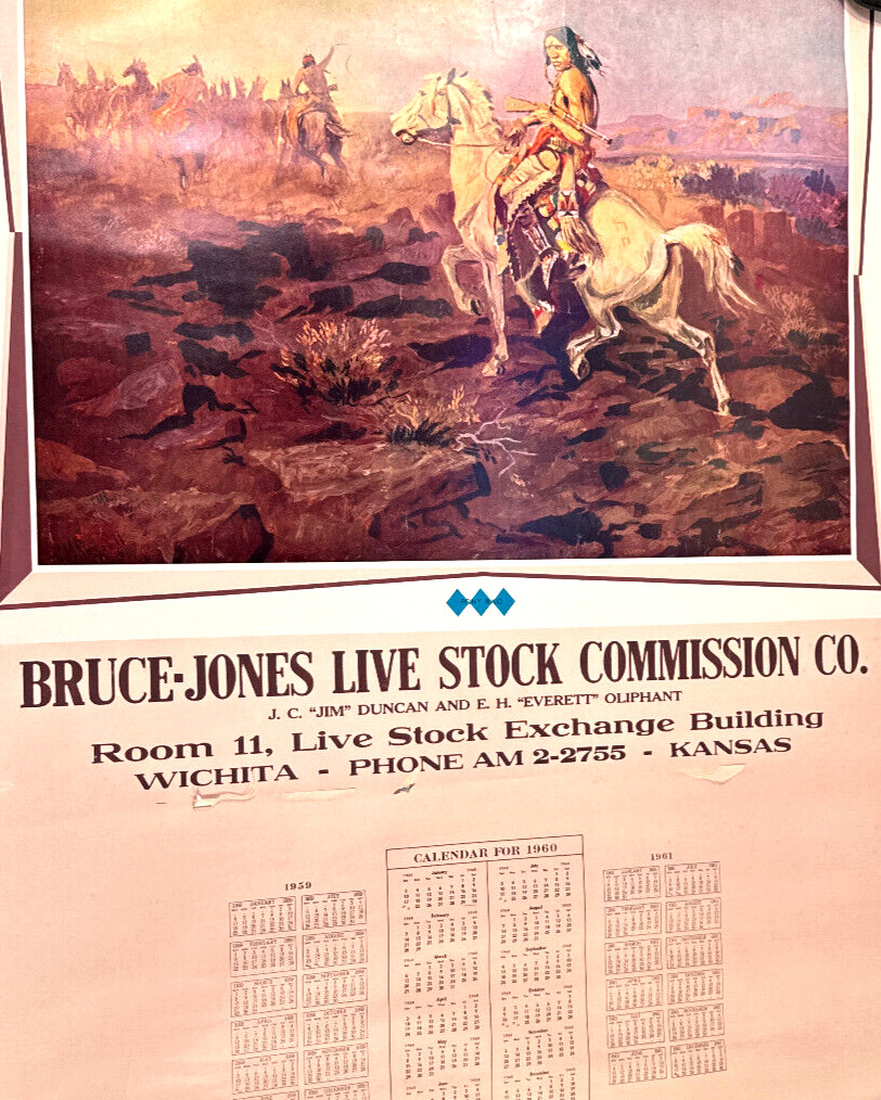 1960 Charles Russell LIVESTOCK cattle Calendar Poster western Wichita KS 42×31