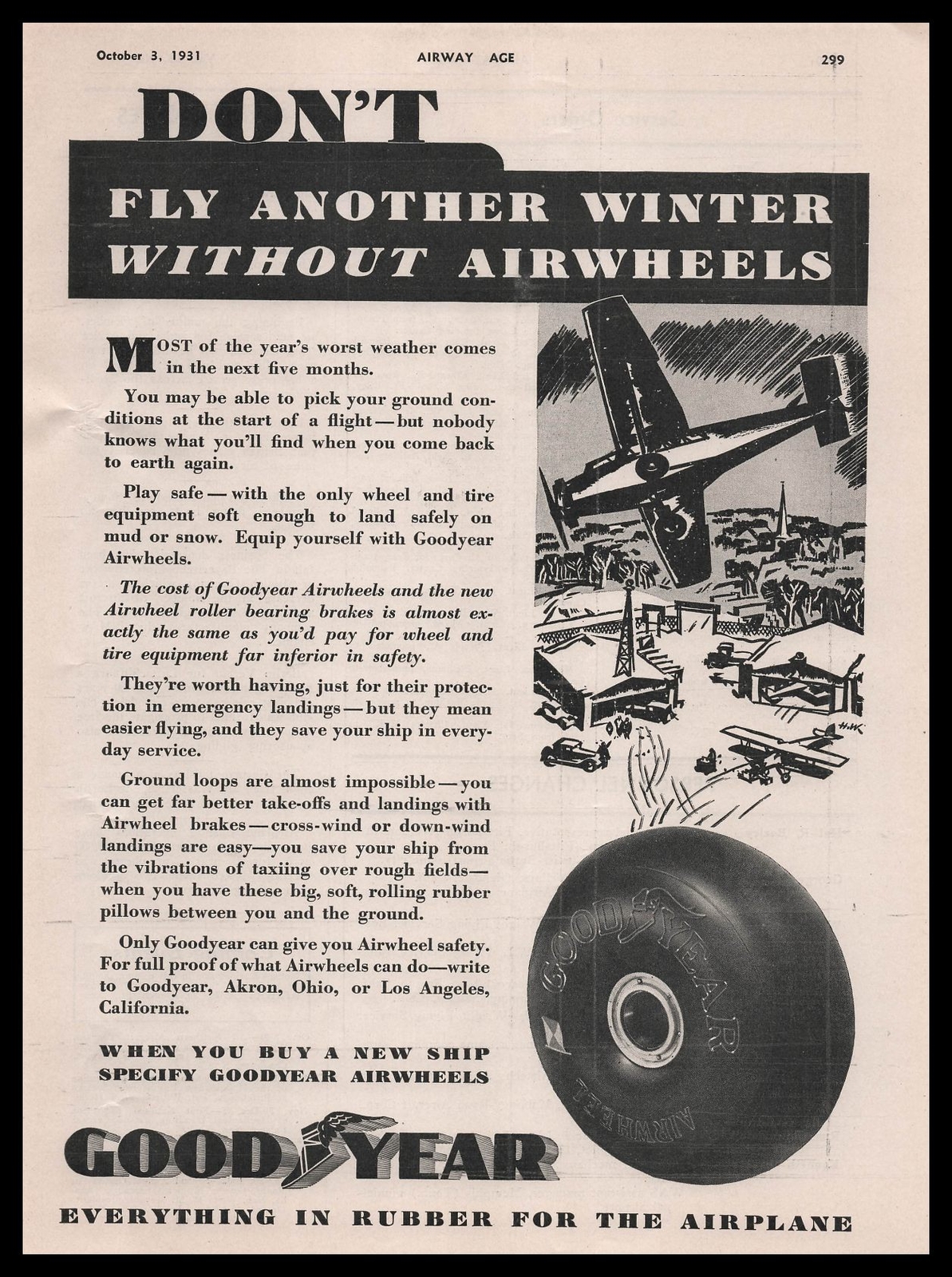 1931 Goodyear Rubber Los Angeles Airwheel Tires & Roller Bearing Brakes Print Ad