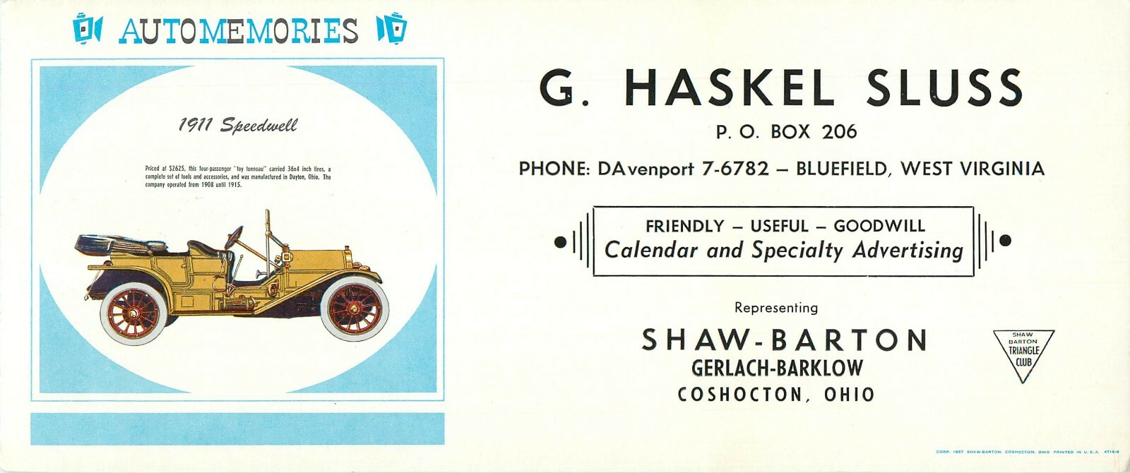 Automemories 1911 Speedwell G Haskel Sluss Coshocton Ohio Ink Blotter 1957