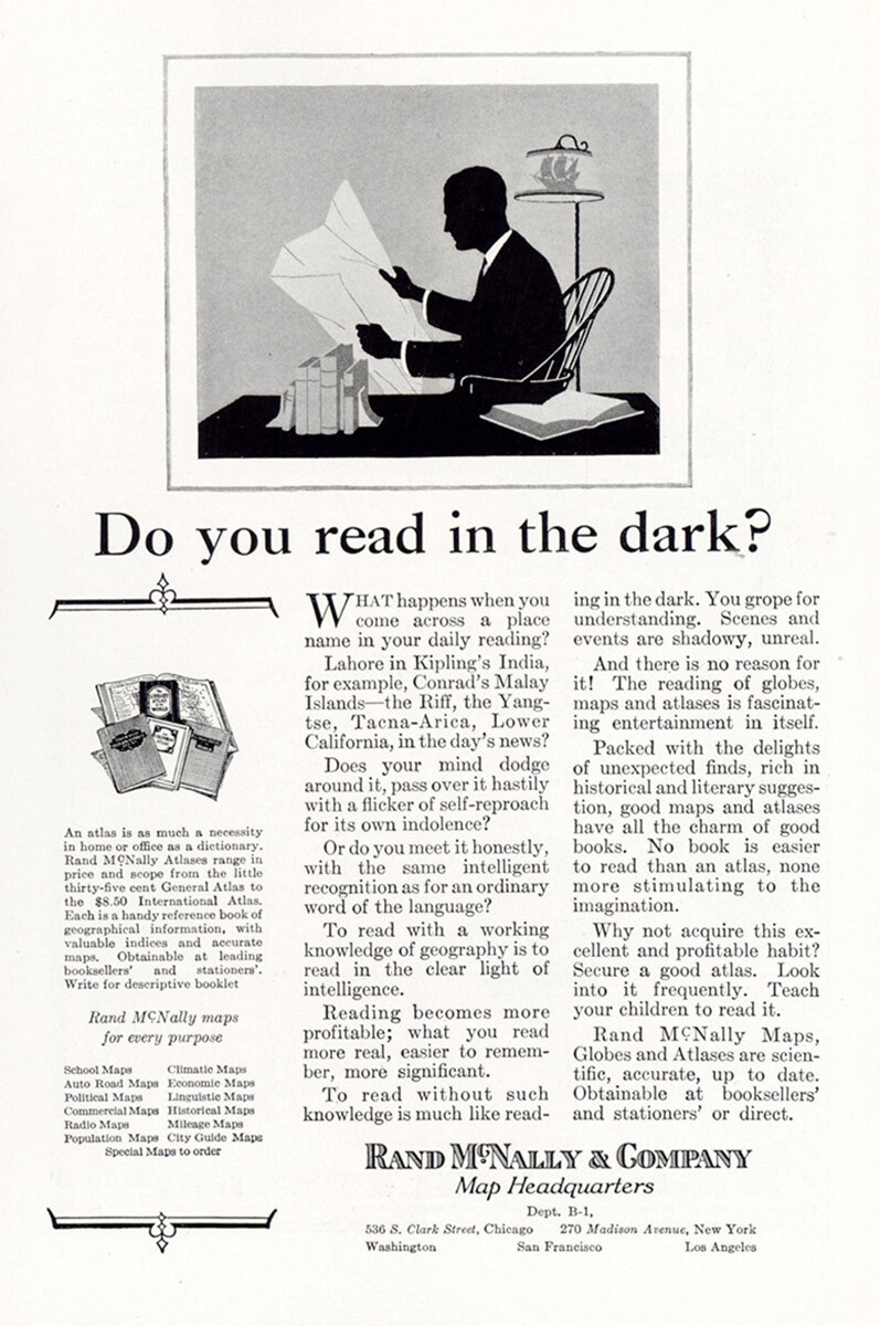 1927 Rand McNally: Do You Read In the Dark Vintage Print Ad