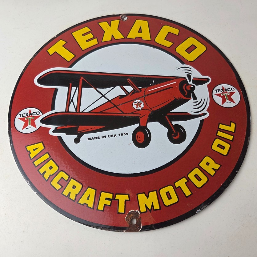 Vintage Texaco Gasoline Gas Pump Sign – Aircraft Motor Oil Porcelain Sign