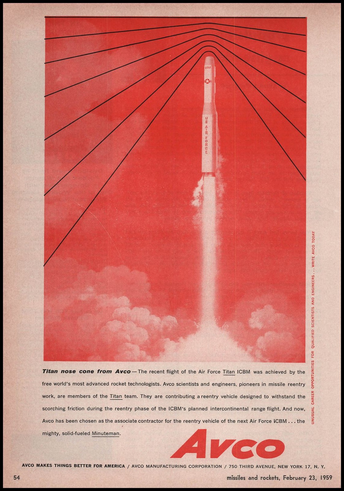 1959 AVCO Mfg Co. New York US Air Force Titan ICBM Missile Art Vintage Print Ad
