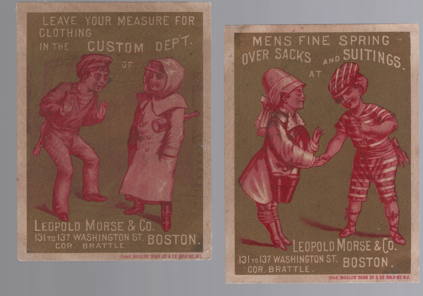 2 BOSTON TRADE CARDS, LEOPOLD MORSE, MEN’S CLOTHING STORE, MAN IN SWIMSUIT Z458