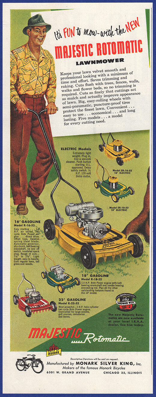 Vintage 1952 MAJESTIC Rotomatic Electric Gasoline Lawn Mowers 50’s Print Ad