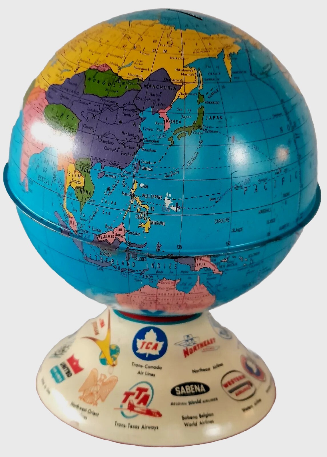 Vintage Deco 1930s Ohio Art Company Tin Litho Airplane Ad Toy Globe Bank (B)
