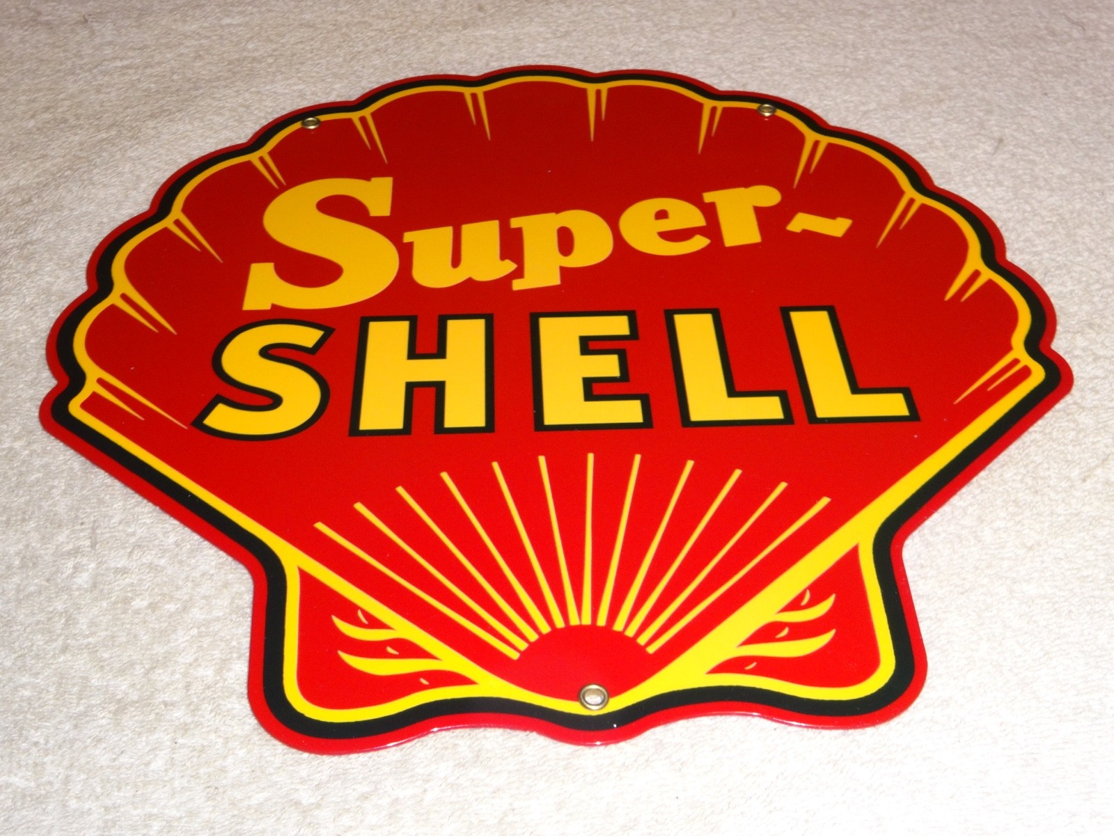 VINTAGE SUPER SHELL ⛽️ GASOLINE 11 3/4″ PORCELAIN METAL SERVICE STATION OIL SIGN