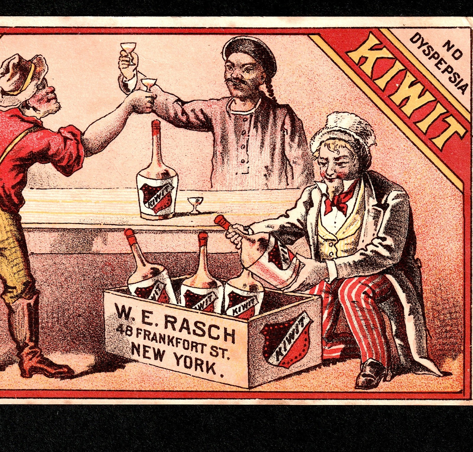 1800s Uncle Sam Medicine Liquor Kiwit Bottle Rasch NY Chinese Trade Card j.US