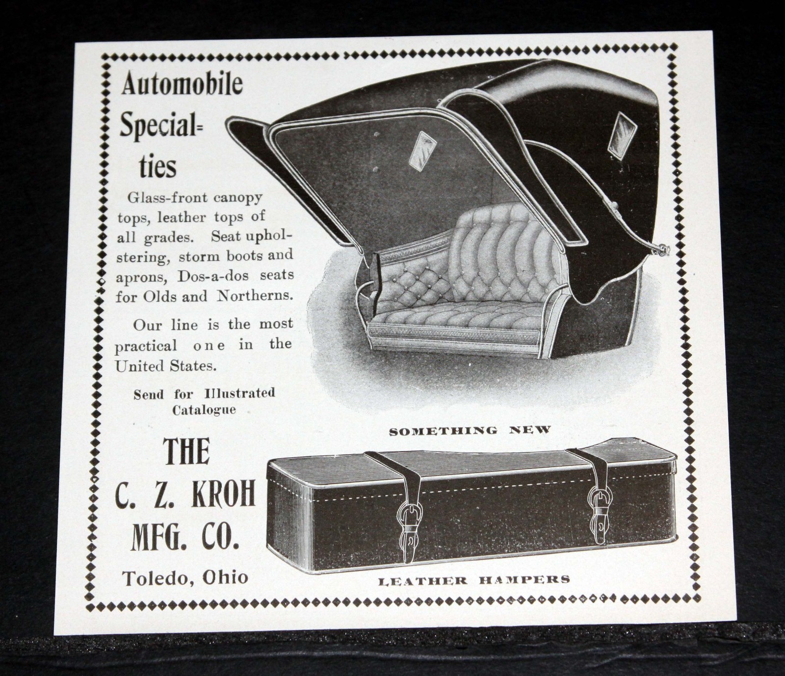 1904 OLD MAGAZINE PRINT AD, C. Z. KROH-AUTOMOBILE SPECIALITIES – TOPS, HAMPERS!