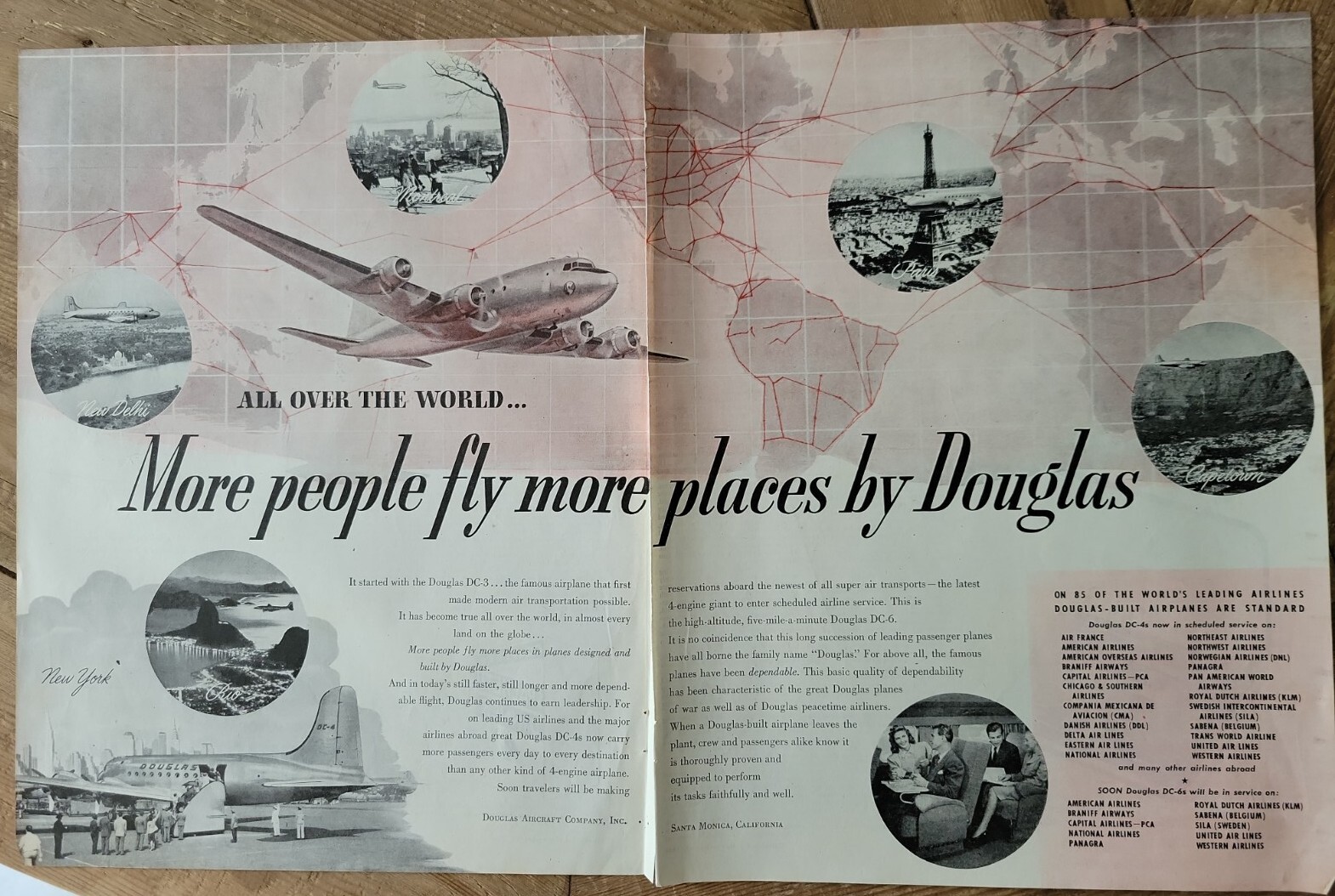 1946 Douglas aircraft company airlines airplanes all over world two page ad