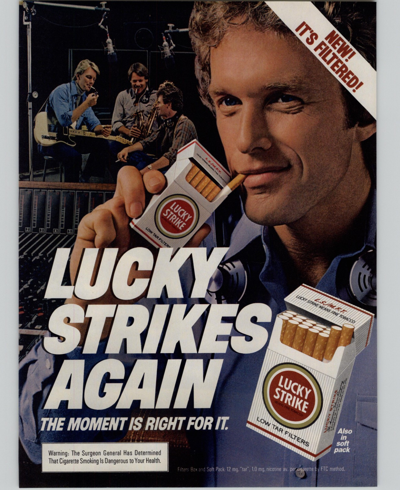 1983 Vintage Print Ad Lucky Strikes Cigarettes Guitar Musicians Recording Studio