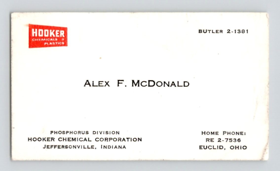 Hooker Chemicals Plastics Alex F McDonald Jeffersonville Indiana Euclid OH Card