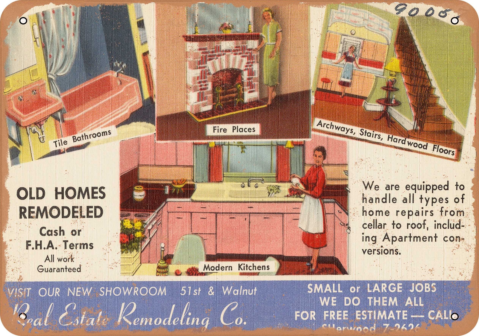 METAL SIGN – Pennsylvania Postcard – Old homes remodeled, cash or F.H.A. terms,