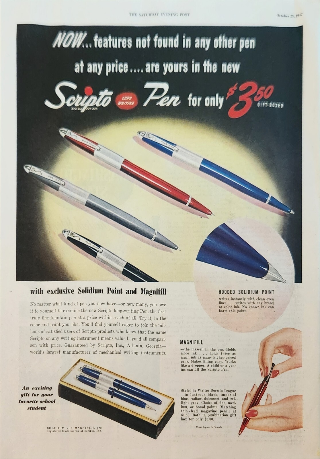 1947 Scripto Pens Vintage Ad Solidium Point