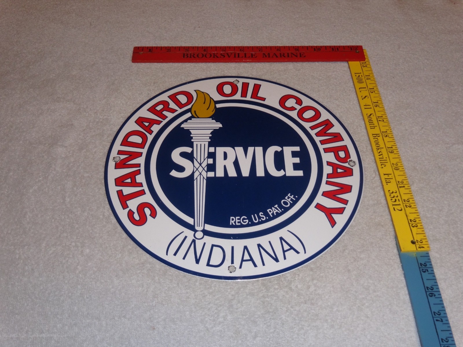 VINTAGE STANDARD OIL CO. GASOLINE SERVICE TORCH INDIANA 12″ PORCELAIN METAL SIGN