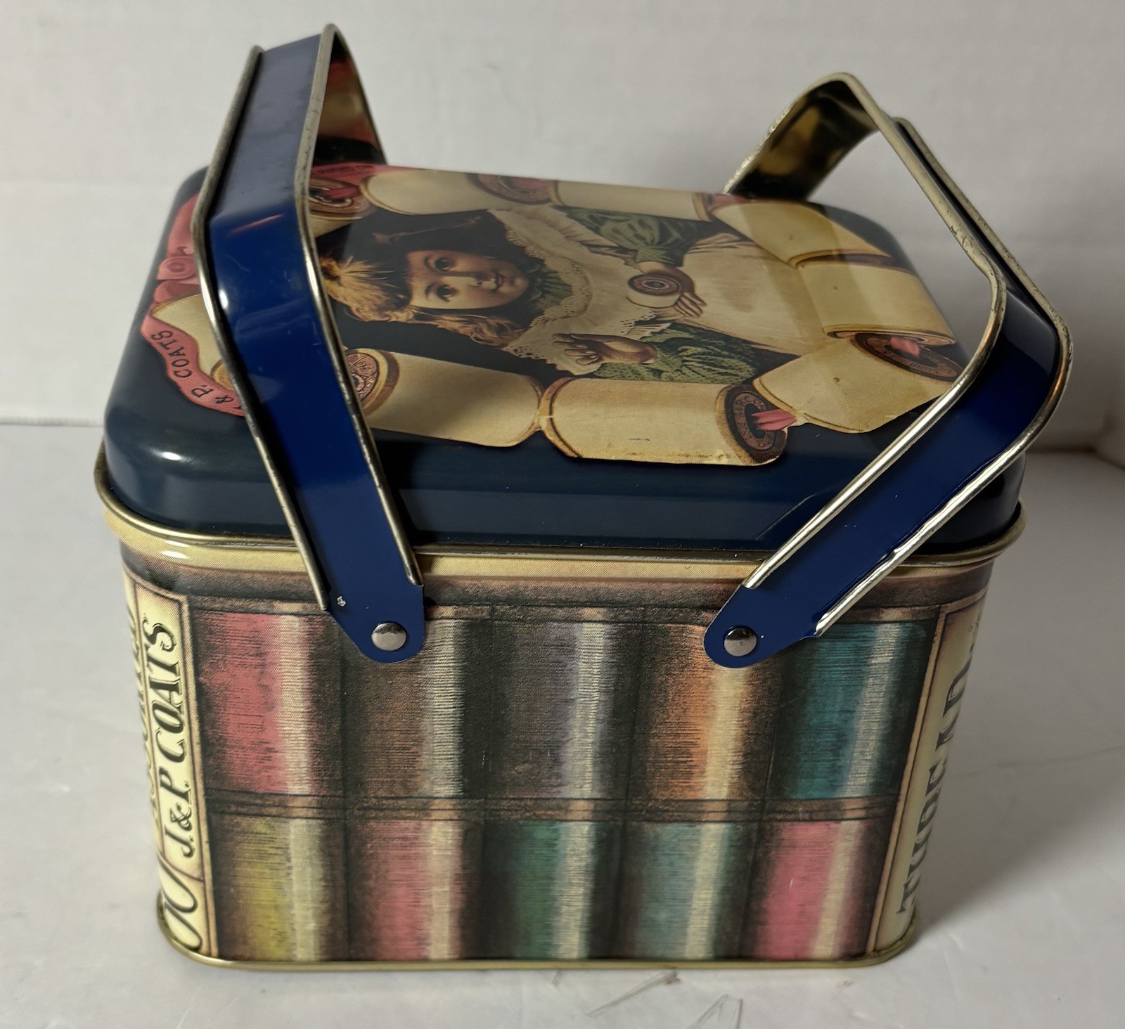 Vintage J&P Coats Best Six Cord Sewing Thread Advertising Storage Tin w/Handles