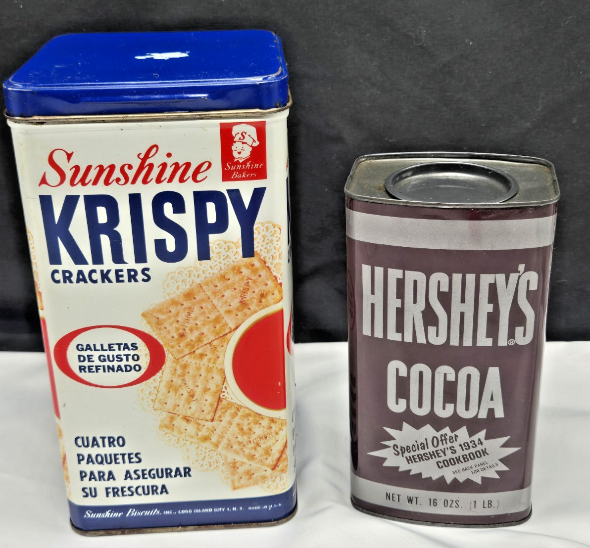 Vintage Metal Hershey’s & Sunshine Krispy Crackers Empty Tin Cans Lot of 2