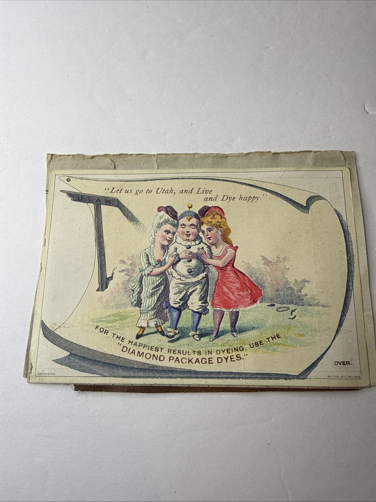 1890 Victorian Trade Card-Artist Drawn-3 Colorful Women-Diamond Package Dyes Ad