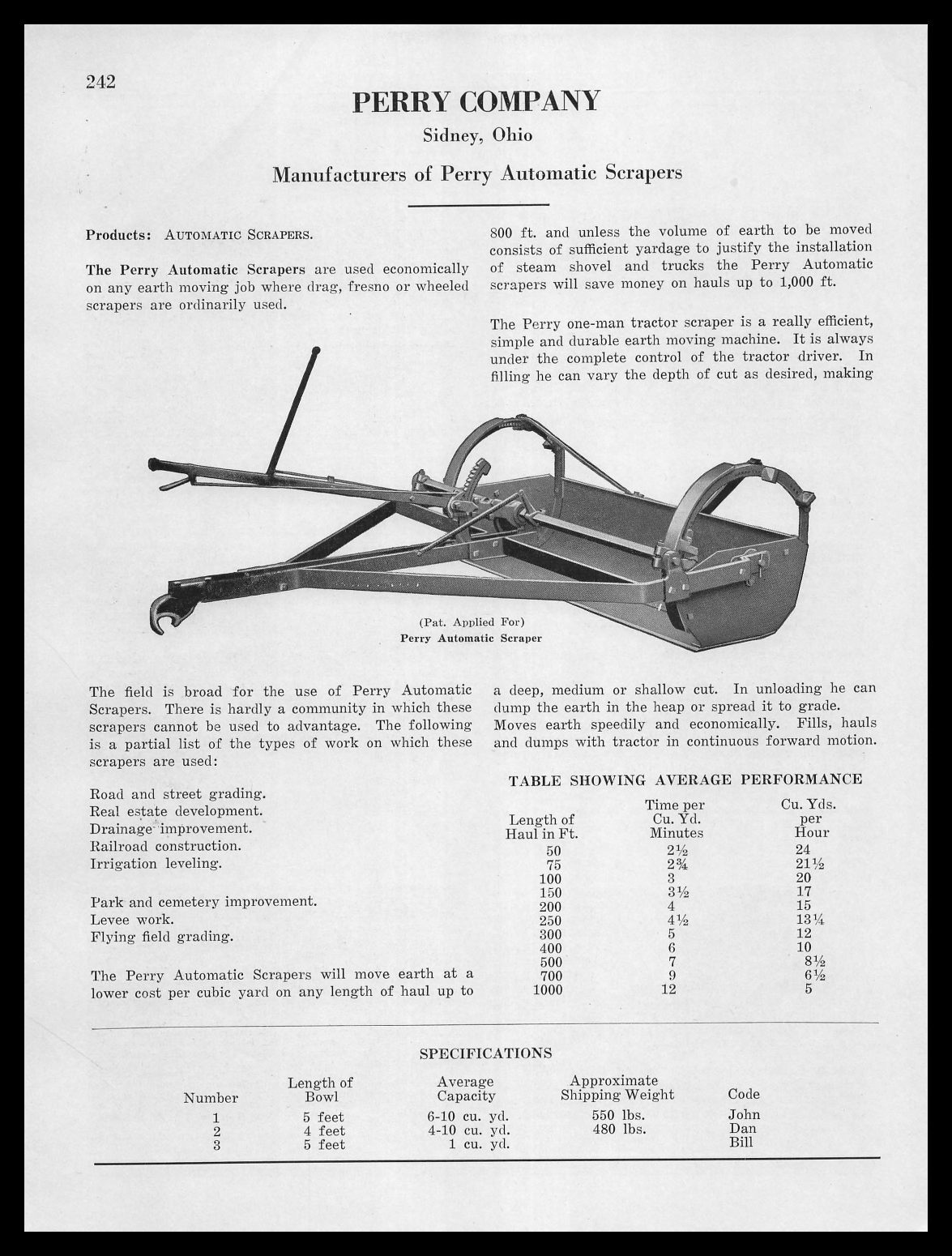 1926 Perry Co. Sidney Ohio Automatic Scrapers Specifications Vintage Print Ad