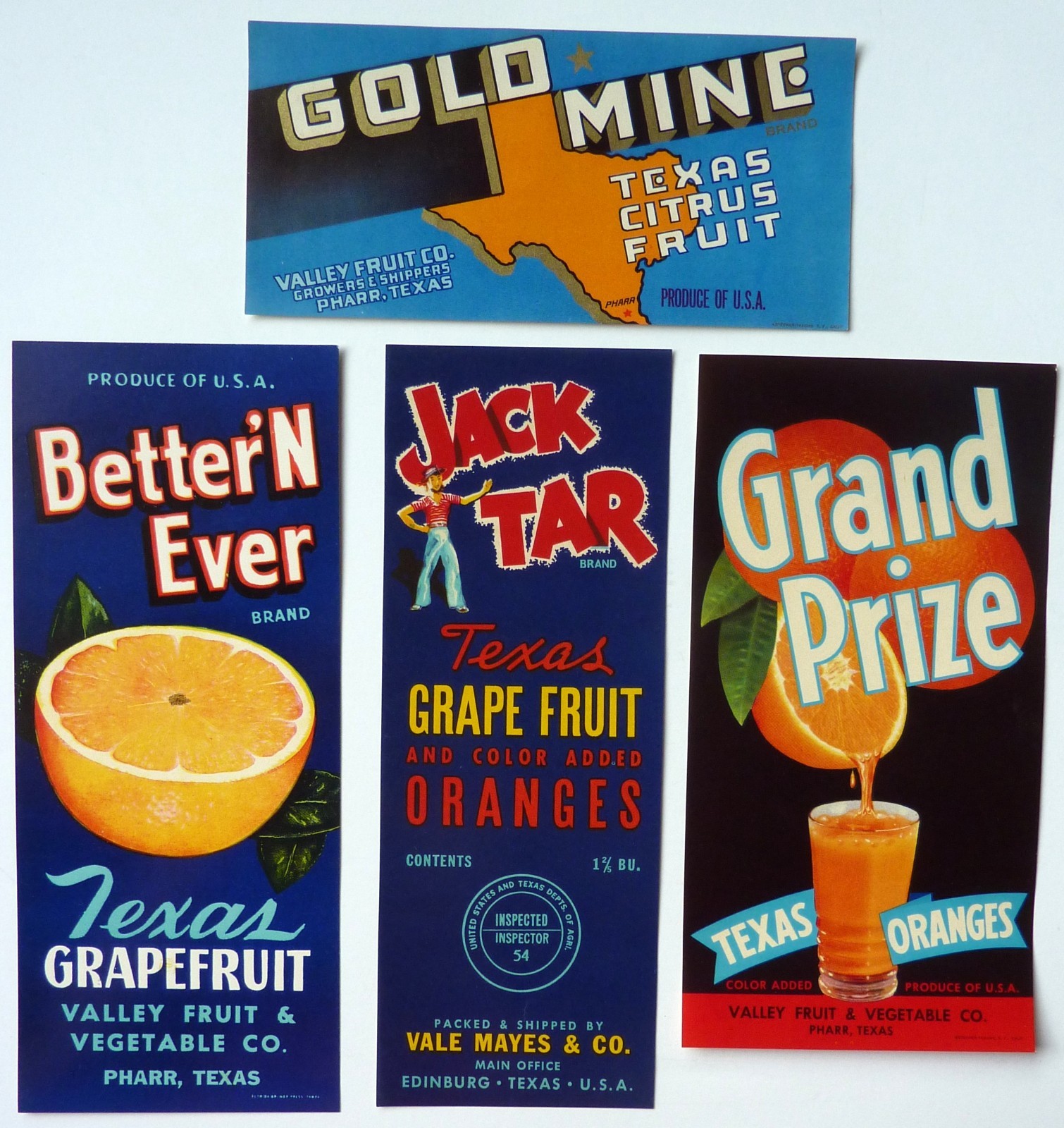 4 Vintage Texas Gift Box Labels Gold Mine Better N Ever Jack Tar Grand Prize
