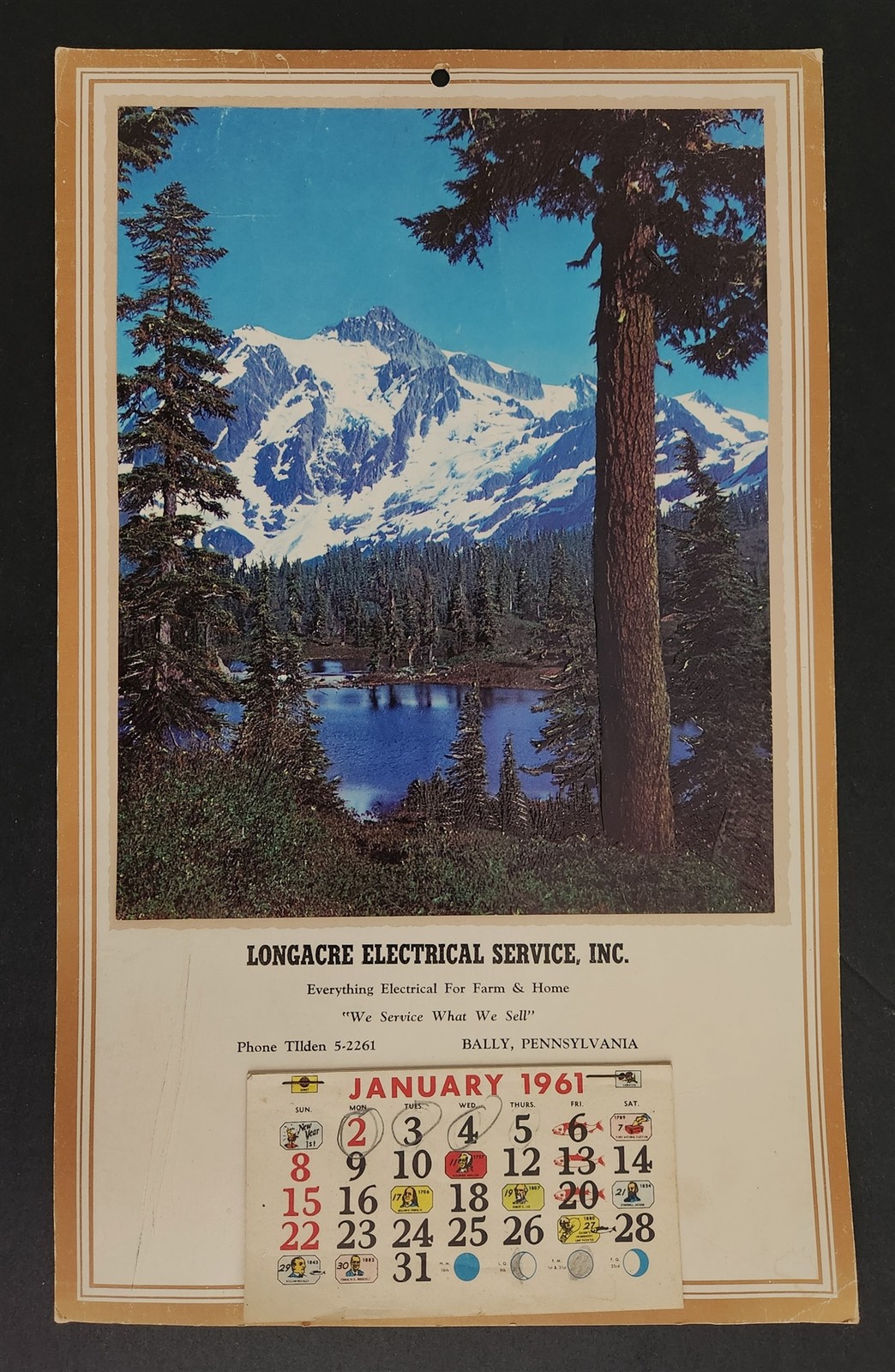 1961 vintage LONGACRE ELECTRICAL SERVICE bally pa WALL CALENDAR