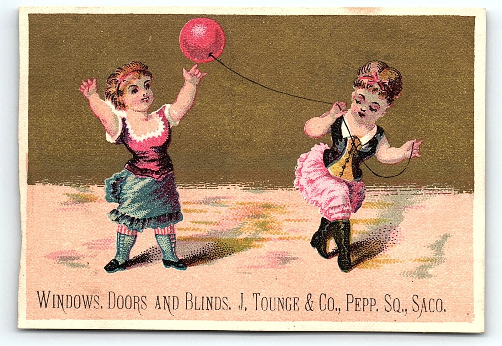 c1880 SACO ME WINDOWS DOORS AND BLINDE J. TOUNGE & CO PEPP. SQ TRADE CARD Z1450