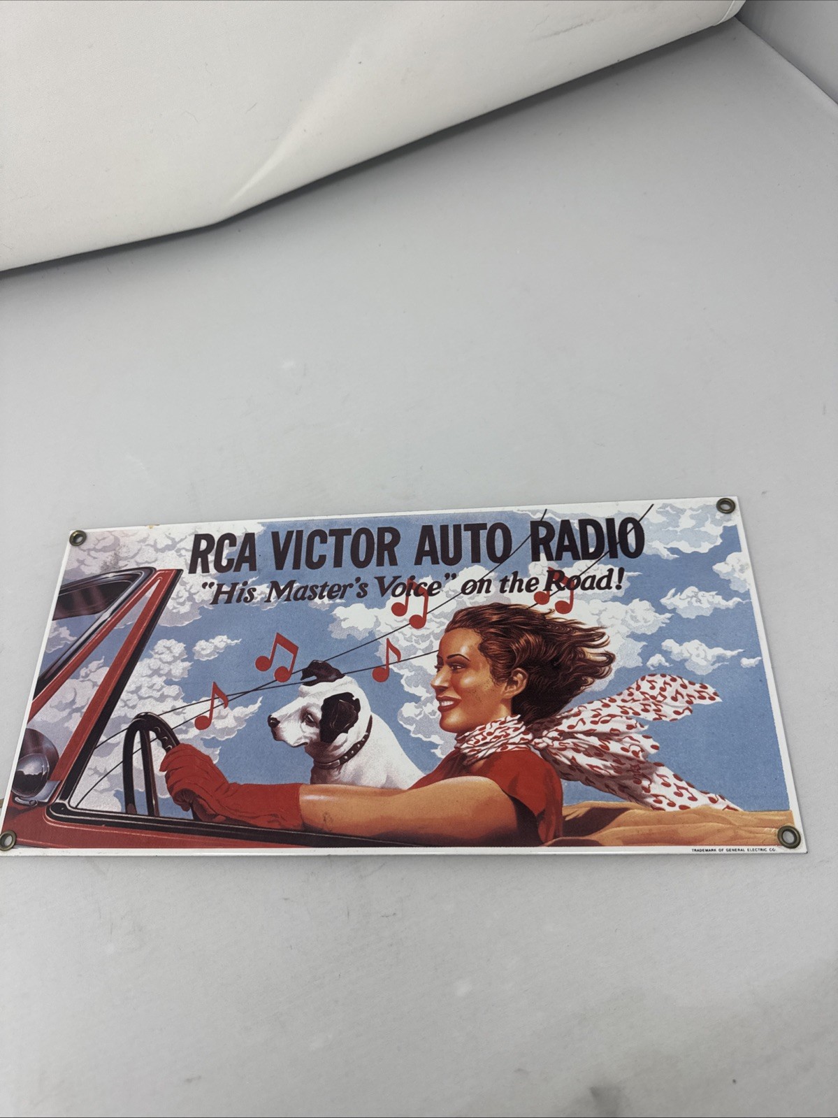 Ande Rooney RCA Victor Auto Radio Porcelain Advertising Sign “His Masters Voice”