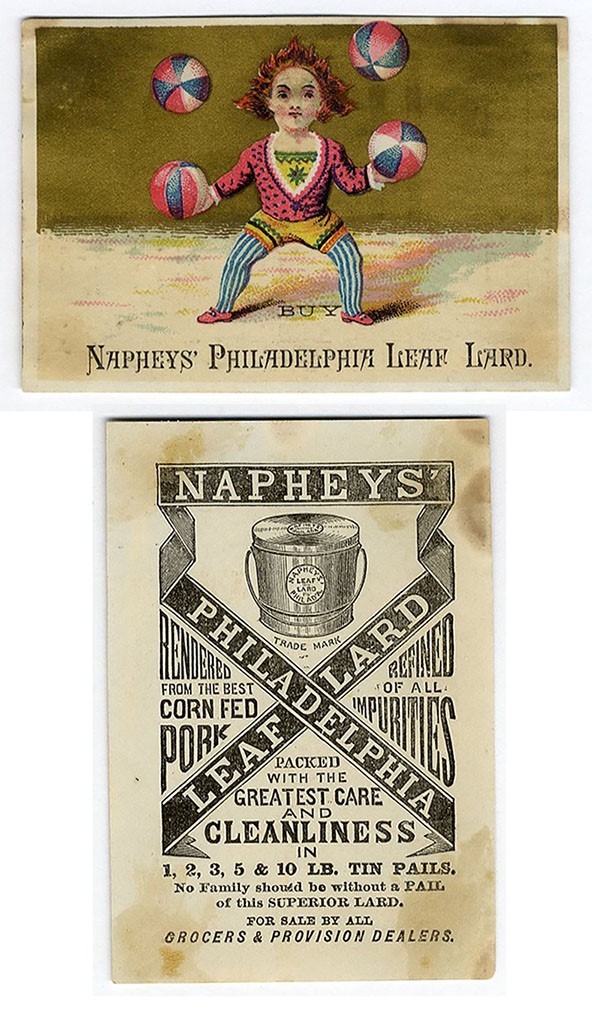 JUGGLER Clown NAPHEY’S PHILADELPHIA Leaf Lard Victorian Trade Card 1880’s