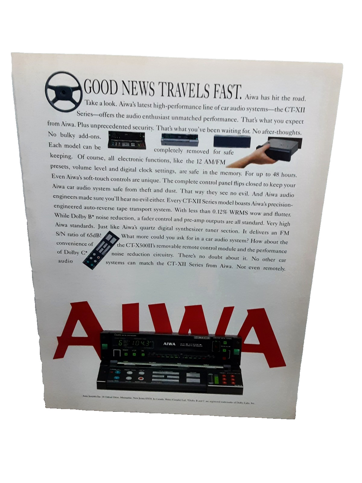 1986 Aiwa CT-XII Car Stereo Print Ad Removable Face Audio System Ad Vintage