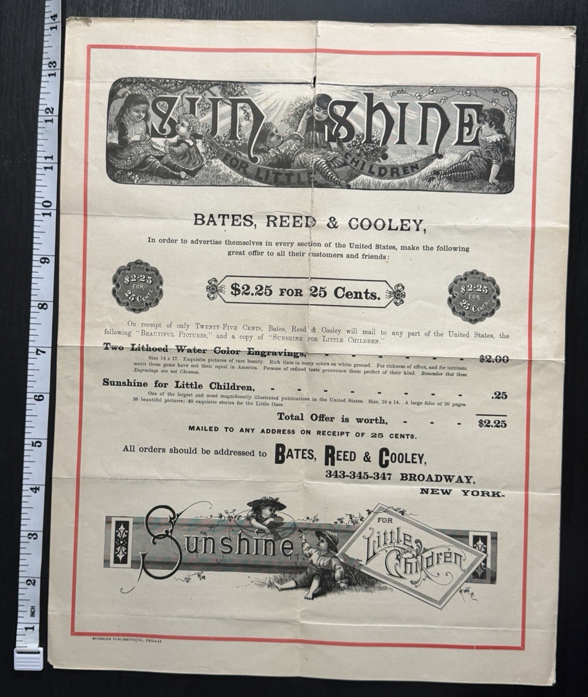 1880s Sunshine for Little Children 14 1/8 x 11″ Ad Premium Bates Reed Cooley NY