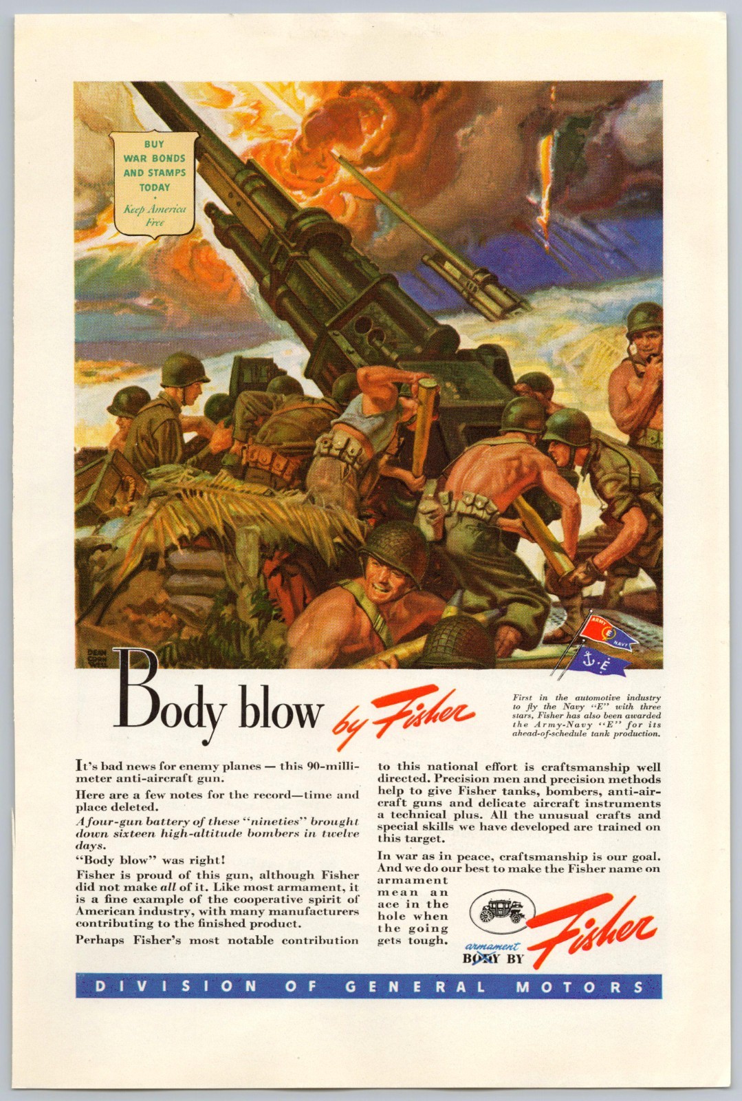 1943 Fisher 90mm Anti-aircraft Gun WWII Vintage Print Ad GM War Bonds E Flags