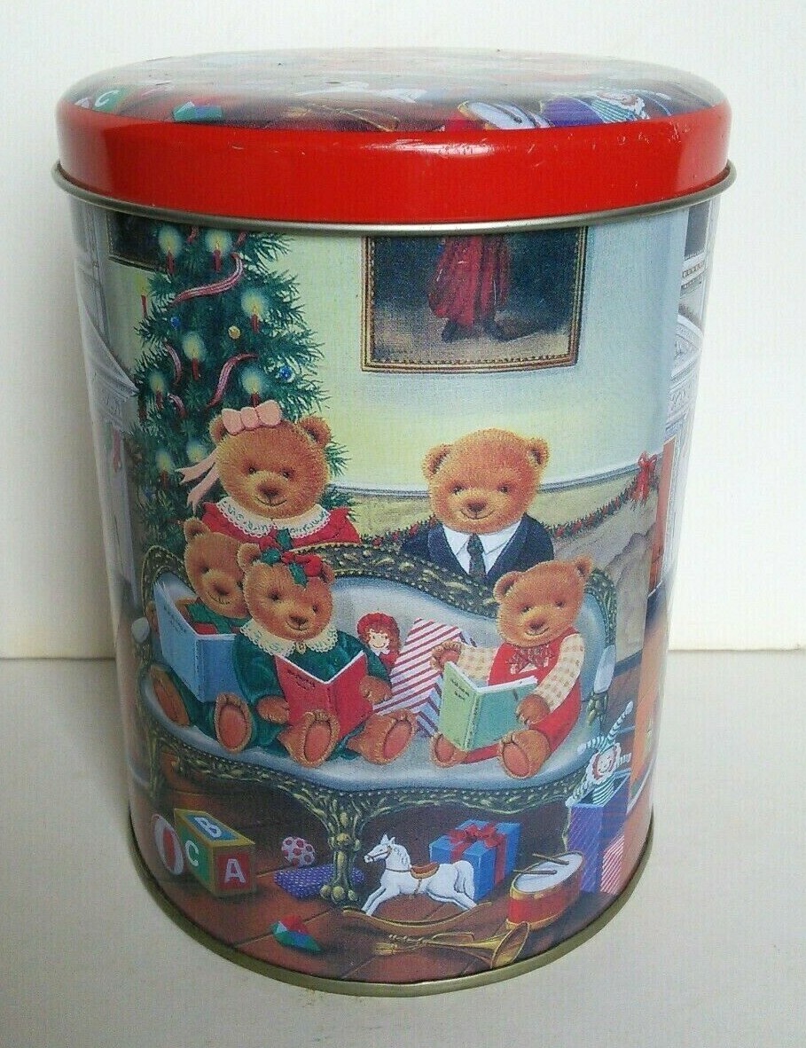 Christmas Teddy Bears Holiday Round Cookie Candy Tin tree gift Vintage decor