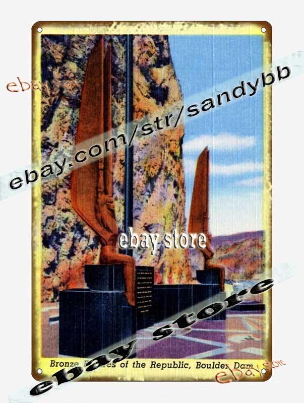 1941 Bronze Figures Republic Boulder Dam Nevada Tin Sign home interior shopping