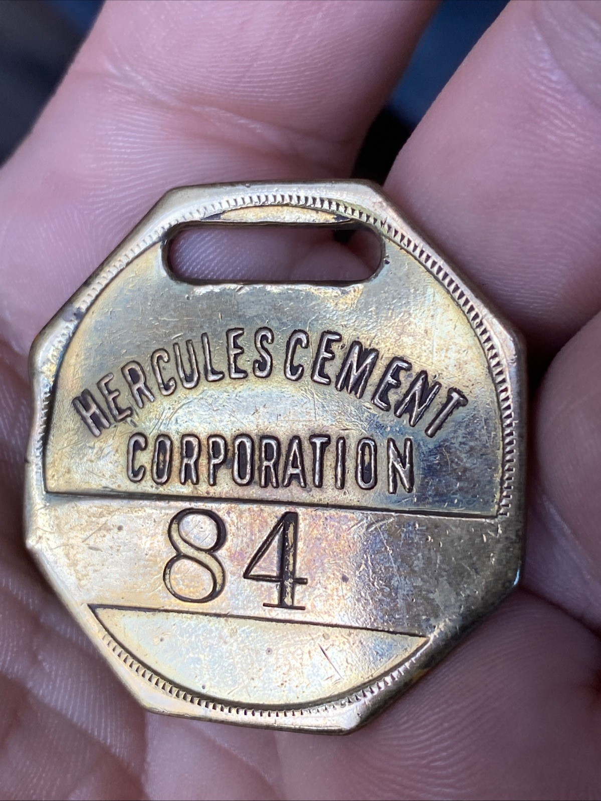 Antique HERCULES CEMENT CORPORATION Brass Tag Key Fob Equipment Truck Tool No 84