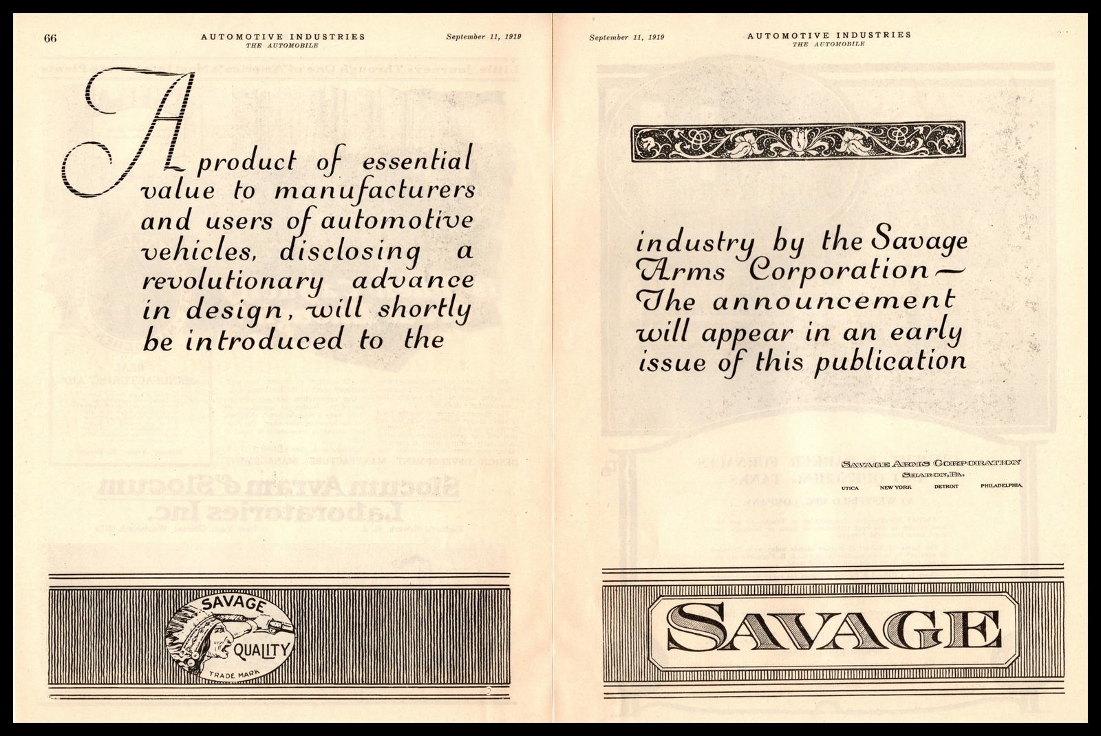 1919 Savage Arms Corporation Sharon Pennsylvania Utica New York 2-Page Print Ad
