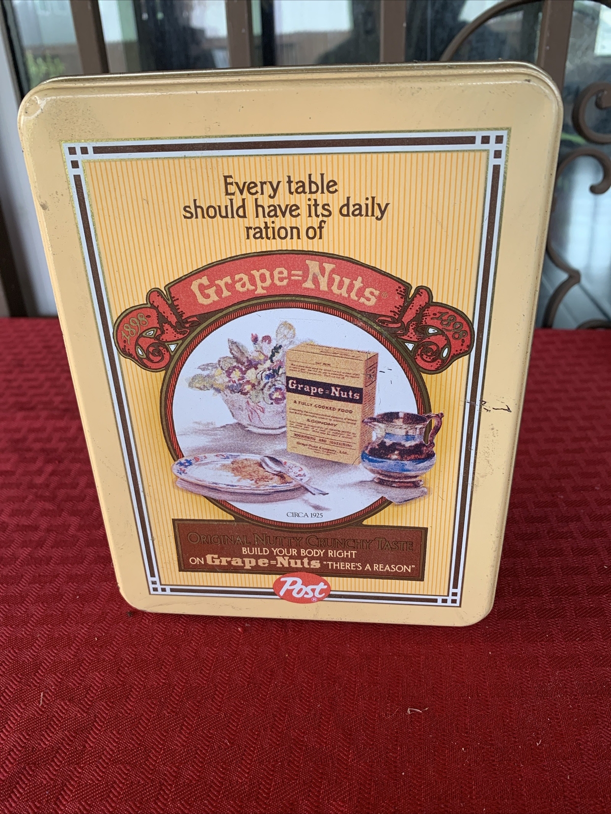 Post Grape Nuts 8″ Tin Container W/Pictures Of Old Ads From The Early 1900’s