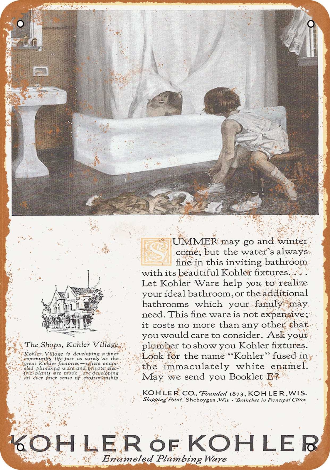 METAL SIGN – 1925 Kohler Enameled Plumbing Fixtures – Vintage Look Reproduction