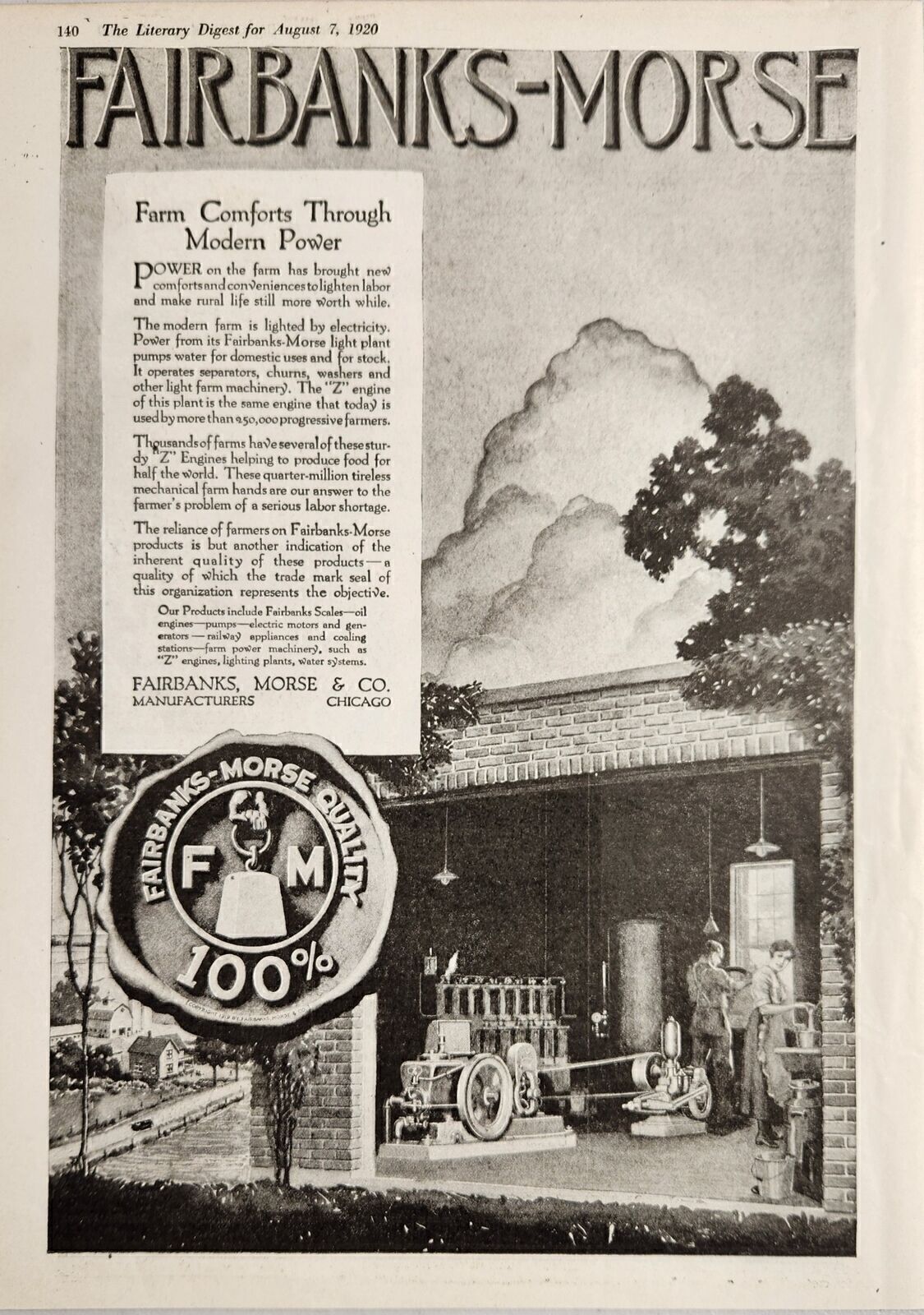 1920 Print Ad Fairbanks-Morse Light Plant Farm Water Pump,Machinery Chicago,IL