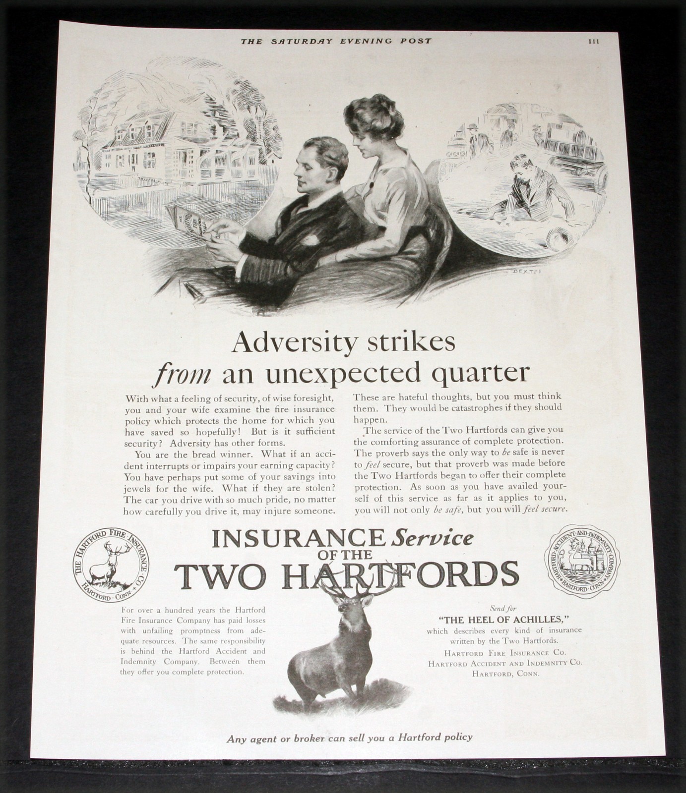 1918 OLD MAGAZINE PRINT AD, INSURANCE SERVICE OF THE TWO HARTFORDS, ADVERSITY!