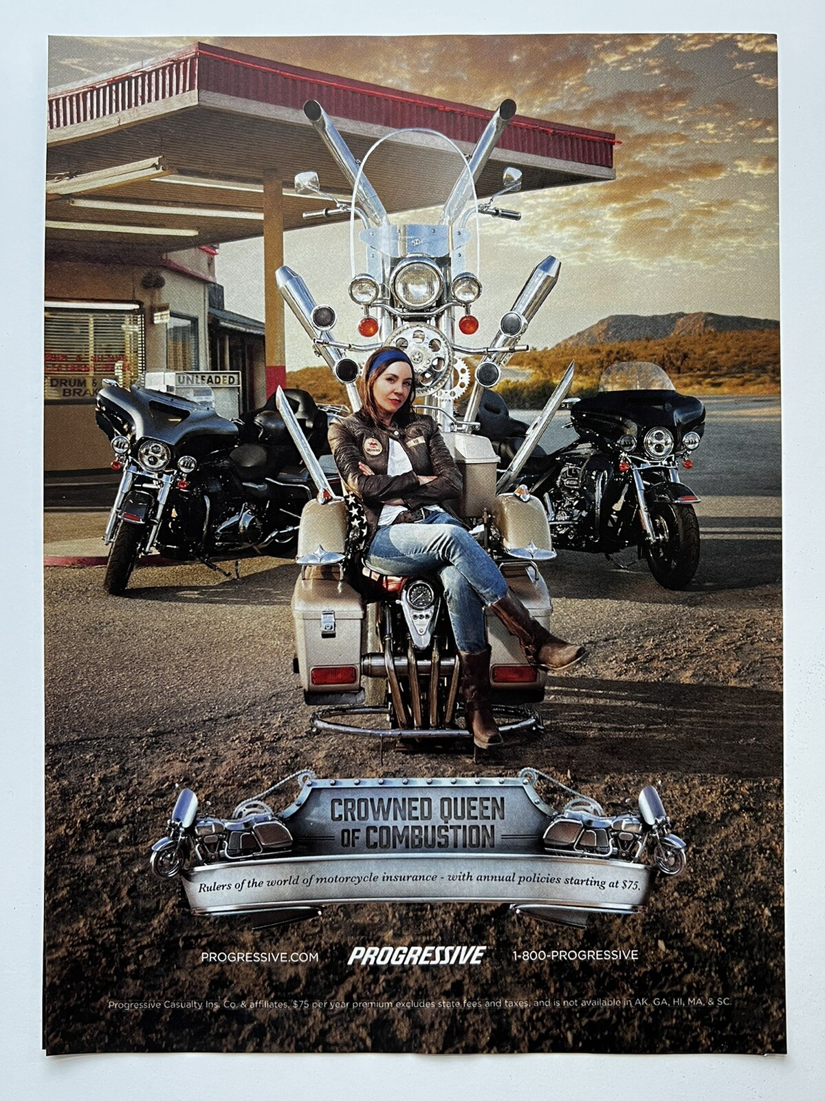 2017 Progressive Flo Queen Of Combustion Stephanie Courtney Motorcycle Print Ad