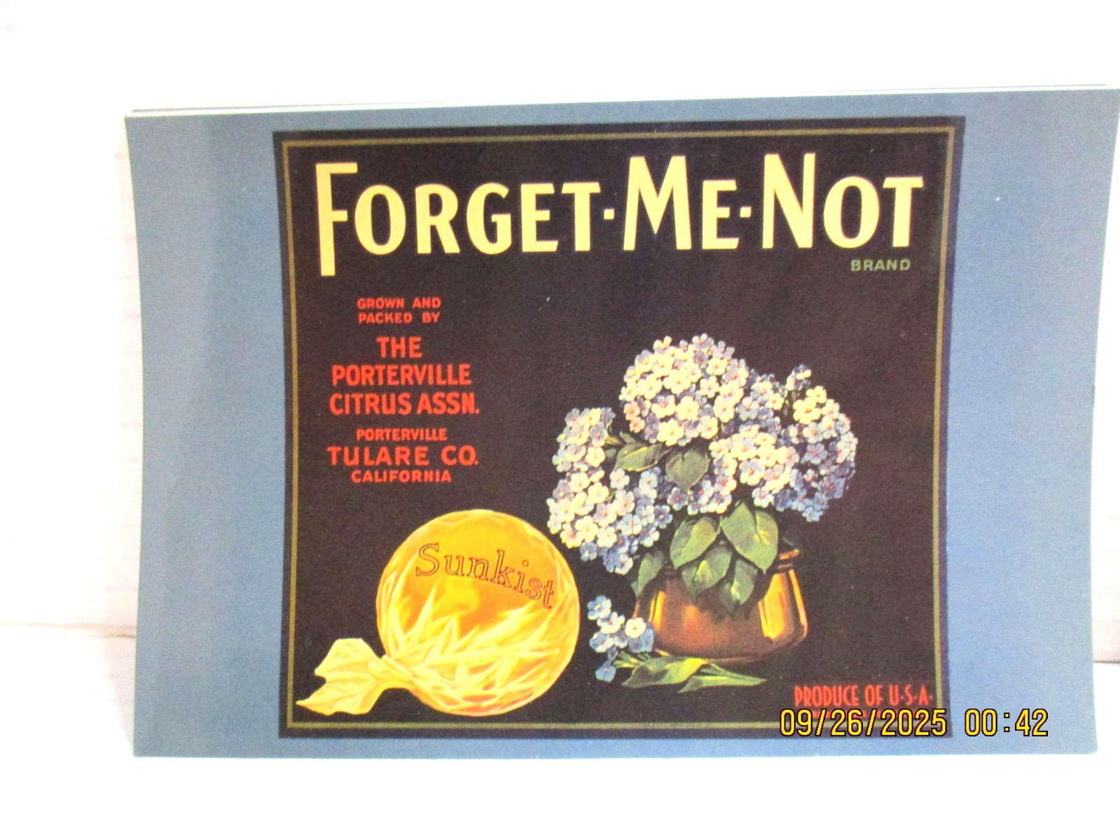 FORGET-ME-NOT ORANGE BOX LABEL, CIRCA 1930 LOT #2 of (6) VINTAGE POST CARDS