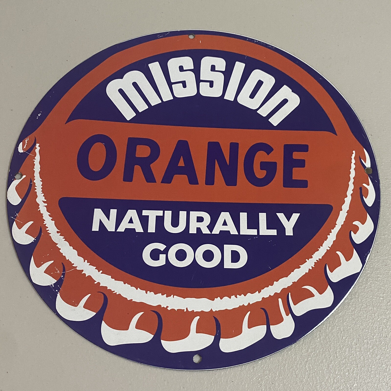 VINTAGE MISSION ORANGE PORCELAIN SIGN GAS OIL SODA POP DRINK VENDOR PUMP PLATE