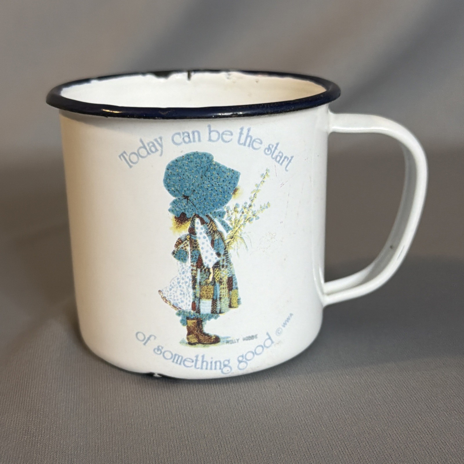 Vintage Holly Hobbie “Blue Girl” Tin Enamel Cup 3″ Mug