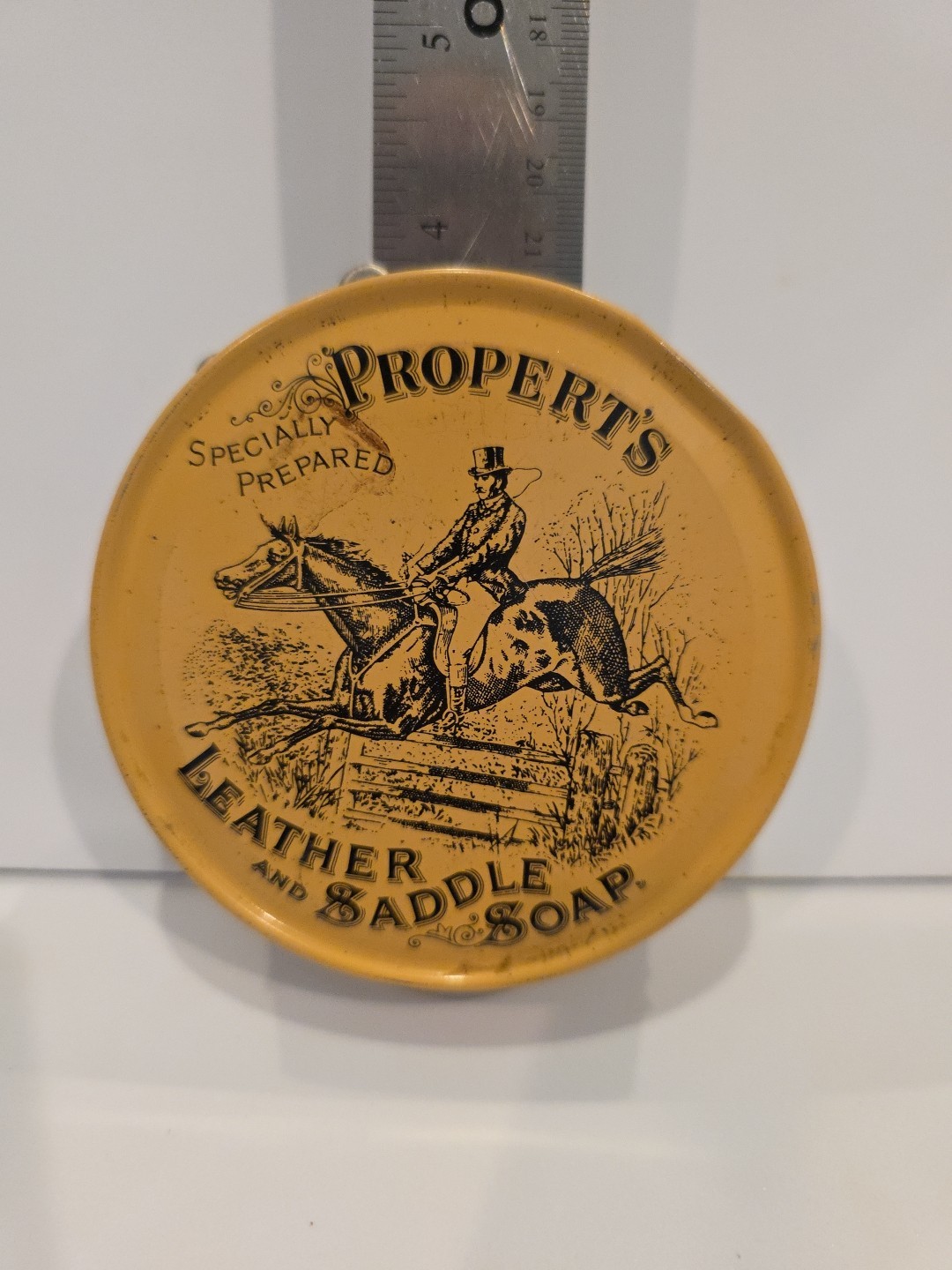 Vintage Propert’s Leather & Saddle Soap Round Advertising Tin Tan and Brown